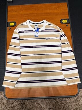 adidas Men’s Cream, White & Blue Striped Long-Sleeve Shirt